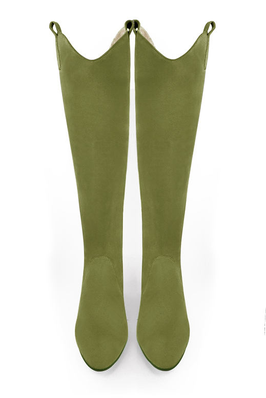 Pistachio green women's cowboy boots. Round toe. Flat wedge heels. Made to measure. Top view - Florence KOOIJMAN